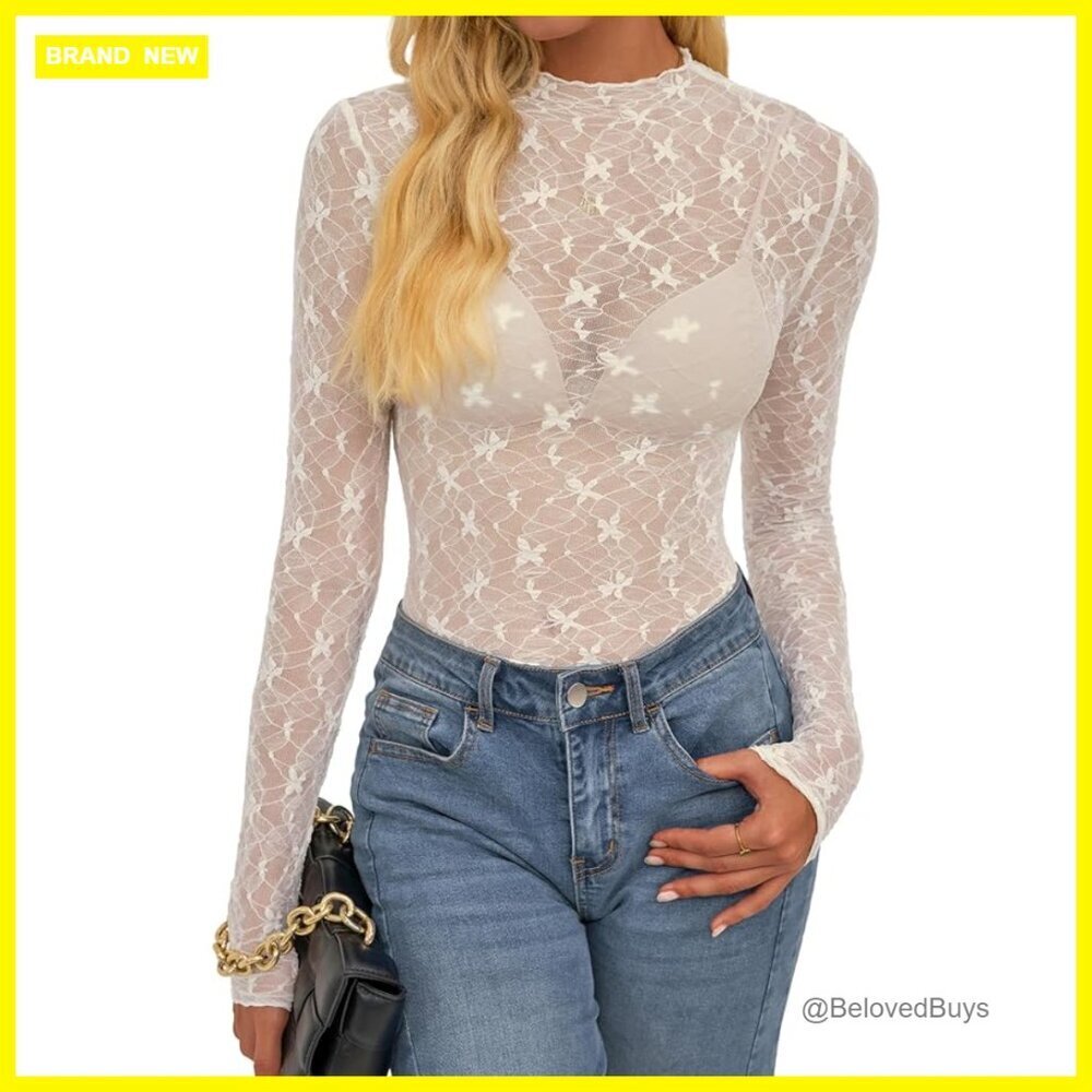 Sheer Mesh Lace Long Sleeve Blouse Slim Fit Mock Neck Party Top